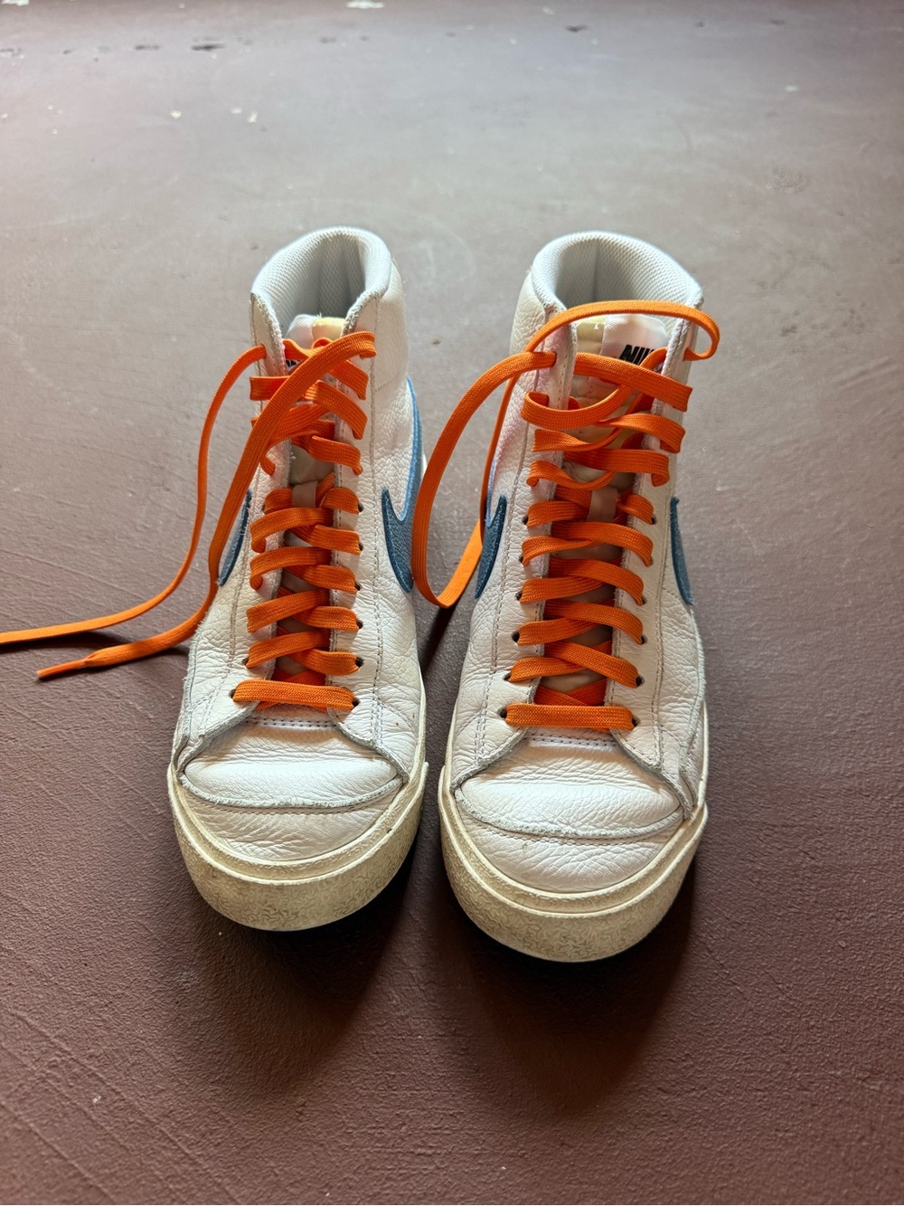 Custom Nike White High-Top Sneakers with Orange Laces and Blue Swoosh